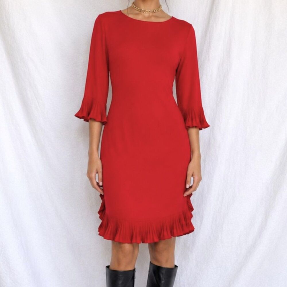 Vintage Y2K 90s Red Knee Length Ruffle Detail Shift Cocktail Dress Size M/L